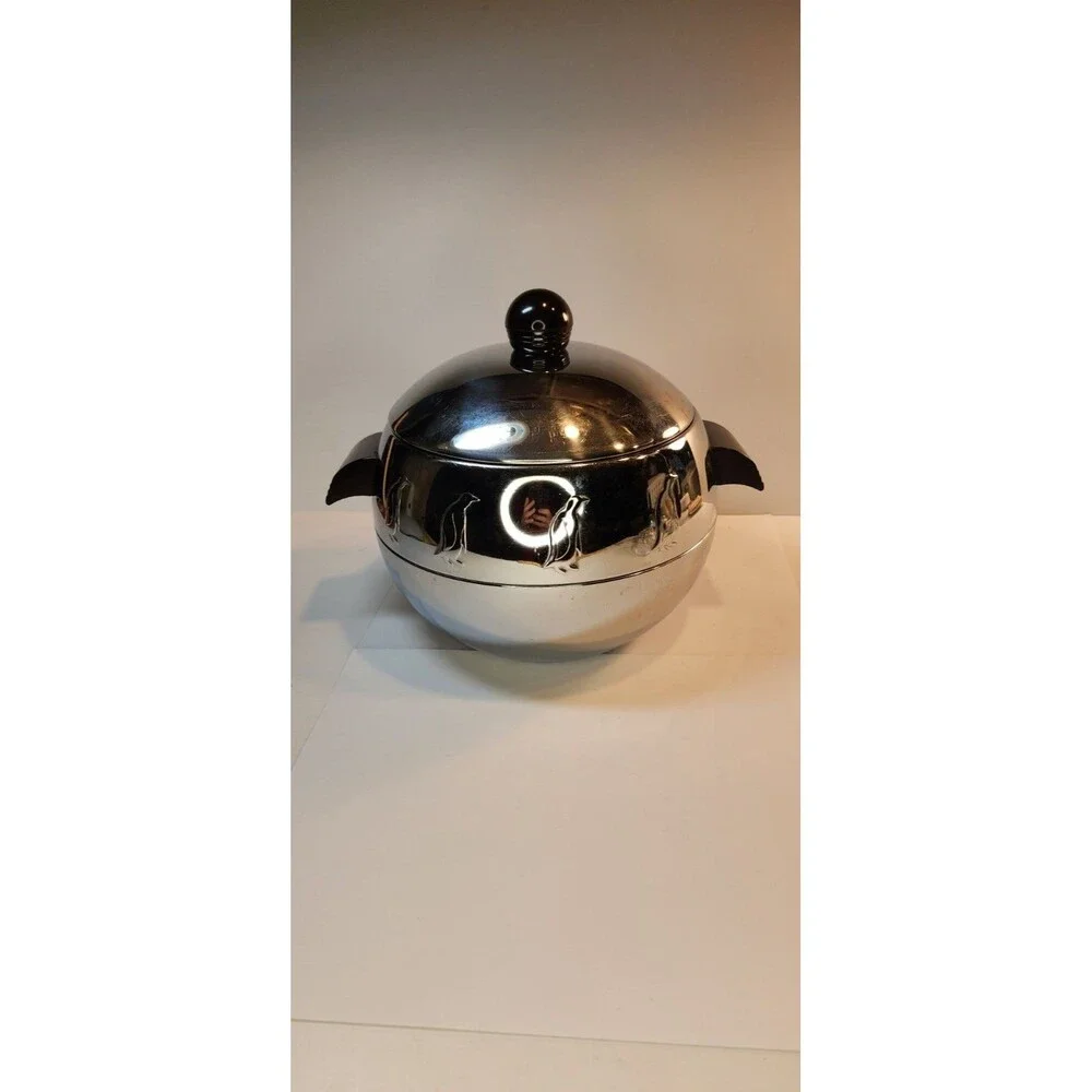 Vintage West Bend Stainless Steel PENGUIN Ice Bucket Bar Ware Wooden Handles MCM